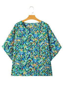 Green Abstract Print V Neck Half Sleeve Loose Fit Tunic Blouse