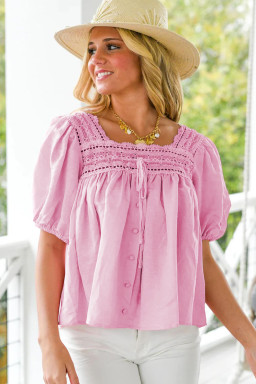 Light Pink Lace Square Neck Patchwork Puff Sleeve Blouse