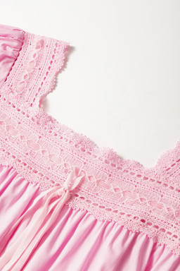 Light Pink Lace Square Neck Patchwork Puff Sleeve Blouse