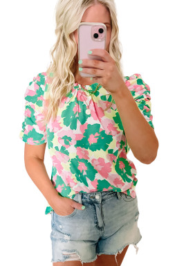 Green Abstract Print Frilled Neck Ruched Short Sleeve Blouse