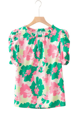 Green Abstract Print Frilled Neck Ruched Short Sleeve Blouse