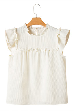 White Solid Color Ruffle Trim Waffle Textured Blouse