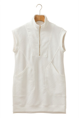 White Textured Half Zip Collared Cap Sleeve Mini Dress