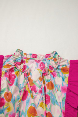 Pink Floral Ruffle Flutter Sleeve Tie V Neck Blouse