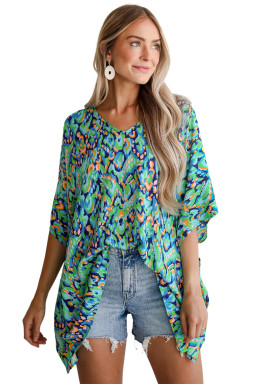Green Abstract Print V Neck Half Sleeve Loose Fit Tunic Blouse