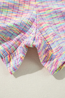 Multicolour Ribbed Knit T Shirt and Shorts Pajama Set