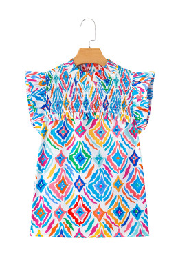 Light Blue Geometric Print Flutter Sleeve Mock Neck Smocked Blouse