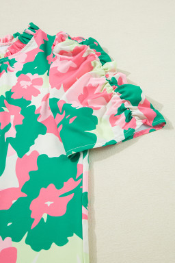 Green Abstract Print Frilled Neck Ruched Short Sleeve Blouse