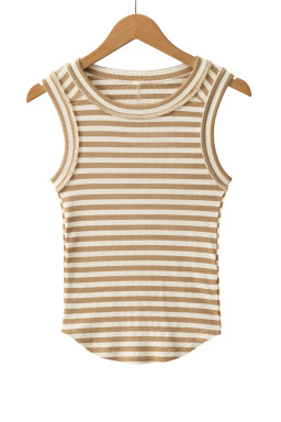 Khaki Stripe Exposed Seam Trim Round Neck Sleeveless Top