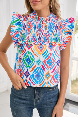 Light Blue Geometric Print Flutter Sleeve Mock Neck Smocked Blouse