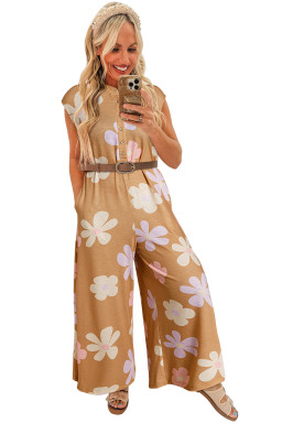 Khaki Floral Print Sleeveless Button up Wide Leg Loose Jumpsuit