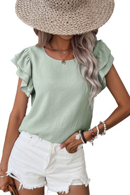 Clearly Aqua Solid Color Ruffle Sleeve Crinkled Blouse