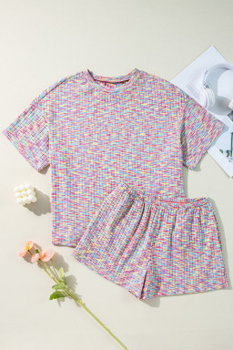 Multicolour Ribbed Knit T Shirt and Shorts Pajama Set