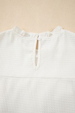 White Solid Color Ruffle Trim Waffle Textured Blouse