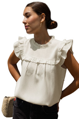 White Solid Color Ruffle Trim Waffle Textured Blouse