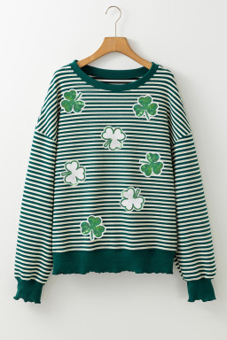 Green Stripe Sequin Clover Drop Shoulder Long Sleeve Casual Top