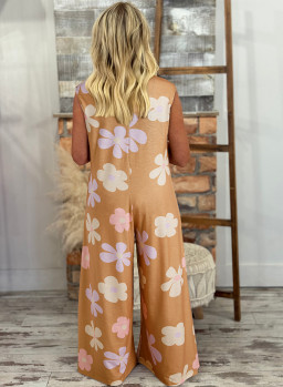 Khaki Floral Print Sleeveless Button up Wide Leg Loose Jumpsuit
