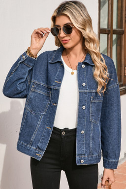 Dark Blue Washed Oversized Pocketed Denim Jacket