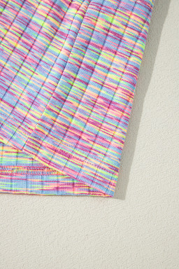 Multicolour Ribbed Knit T Shirt and Shorts Pajama Set