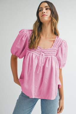 Light Pink Lace Square Neck Patchwork Puff Sleeve Blouse