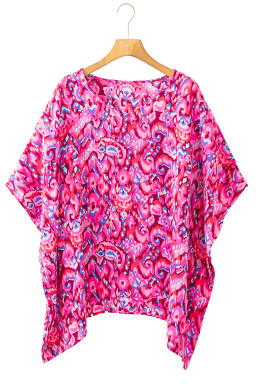 Pink Abstract Print V Neck Half Sleeve Loose Fit Tunic Blouse