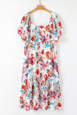 White Floral Square Neck Puff Sleeve Flowy Plus Size Midi Dress