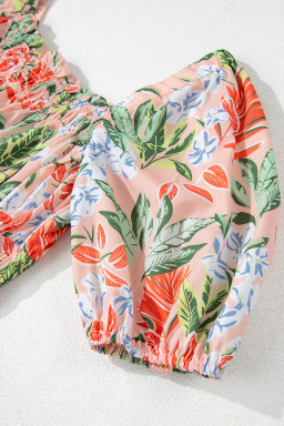 Apricot Pink Floral Knot Front Smocked Bubble Sleeve Dress