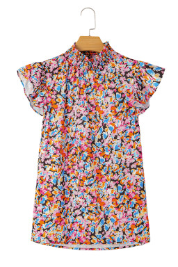 Orange Floral Print Shirred Stand Neck Flutter Shoulder Blouse