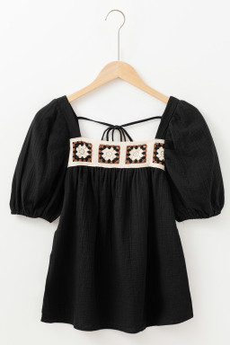 Black Crochet Square Neck Crinkled Blouse
