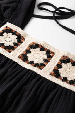 Black Crochet Square Neck Crinkled Blouse