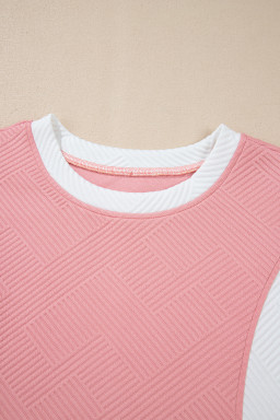 Pink Textured Colorblock Patchwork Tee and Shorts Set
