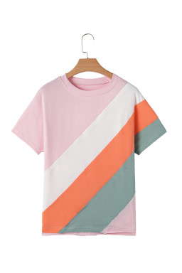 Pink Color Block Patchwork Seamed Crewneck T Shirt