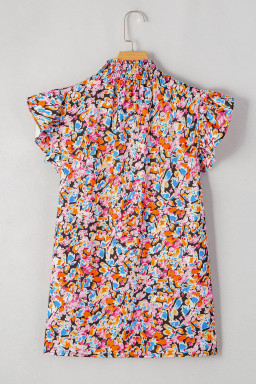 Orange Floral Print Shirred Stand Neck Flutter Shoulder Blouse