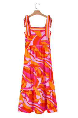 Red Abstract Print Knotted Shoulder High Waist Maxi Dress