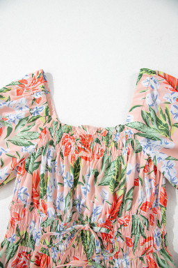 Apricot Pink Floral Knot Front Smocked Bubble Sleeve Dress