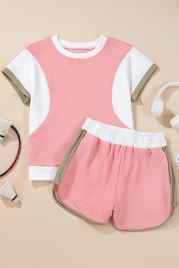 Pink Textured Colorblock Patchwork Tee and Shorts Set