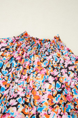 Orange Floral Print Shirred Stand Neck Flutter Shoulder Blouse