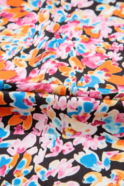 Orange Floral Print Shirred Stand Neck Flutter Shoulder Blouse
