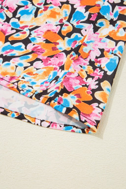 Orange Floral Print Shirred Stand Neck Flutter Shoulder Blouse
