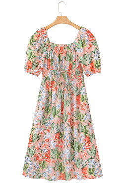 Apricot Pink Floral Knot Front Smocked Bubble Sleeve Dress