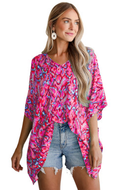 Pink Abstract Print V Neck Half Sleeve Loose Fit Tunic Blouse