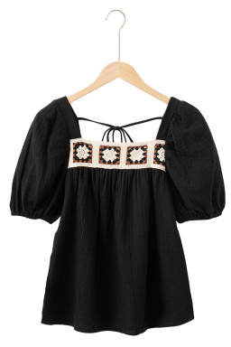 Black Crochet Square Neck Crinkled Blouse
