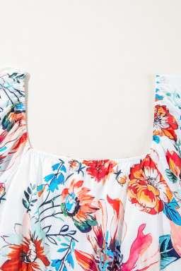 White Floral Square Neck Puff Sleeve Flowy Plus Size Midi Dress