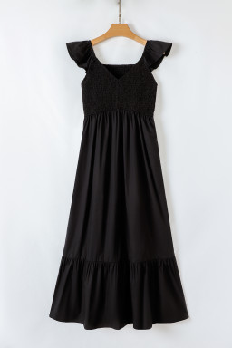 Black V Neck Flutter Sleeve Smocked Bodice High Waist Ruffle Maxi Dress