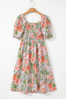 Apricot Pink Floral Knot Front Smocked Bubble Sleeve Dress