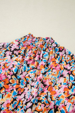 Orange Floral Print Shirred Stand Neck Flutter Shoulder Blouse