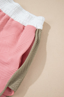 Pink Textured Colorblock Patchwork Tee and Shorts Set