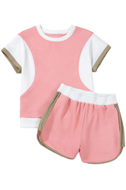 Pink Textured Colorblock Patchwork Tee and Shorts Set
