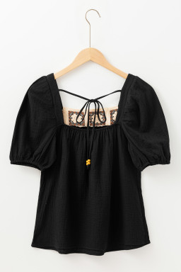 Black Crochet Square Neck Crinkled Blouse