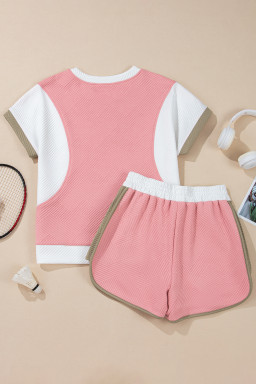 Pink Textured Colorblock Patchwork Tee and Shorts Set